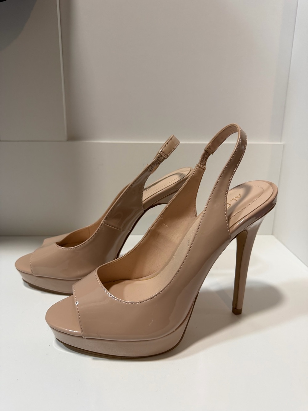 Aldo Nude Patent Peep-Toe Slingback Stiletto Heels